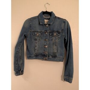 Ashley Vintage Charm Blue Denim Cropped Trucker Jacket Distressed Womens Small